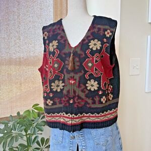 Eagle Eye Sweater Vest Women XL Boho Global Tapestry Zip 90% Cotton Tribal‎ Indo